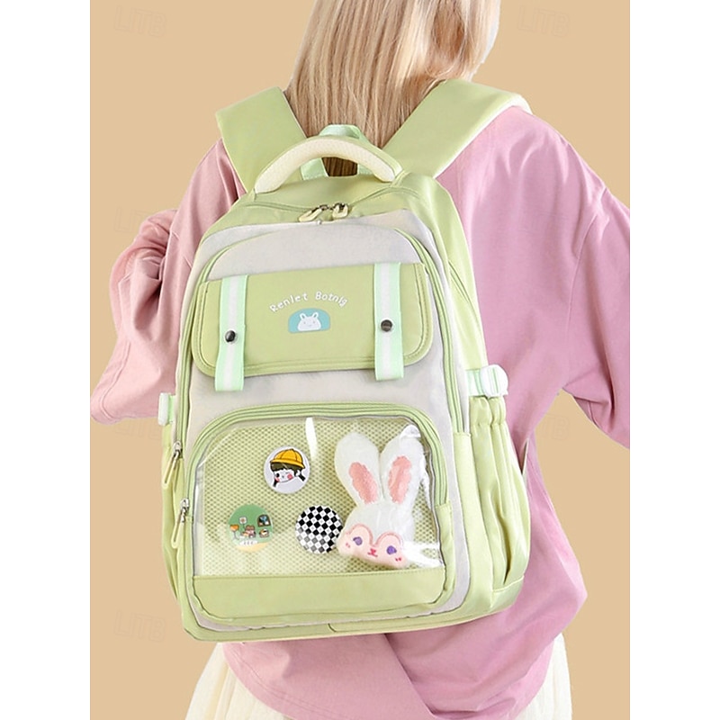 Girl's Large Capacity Lightweight Waterproof Backpack with Clear Front Pocket and Cute Bunny Pin - Cute Travel Bag for School, College and Weekend Trips2
