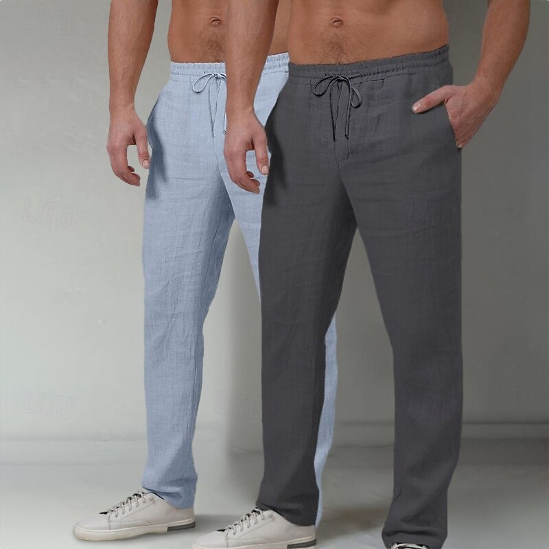Men's Linen Pants Trousers Summer Pants Beach Pants Elastic Waist Drawstring Plain Comfort Full Length Outdoor Casual Daily Vacation Streetwear White+Navy Blue Navy Blue+Dark Gray Inelastic4