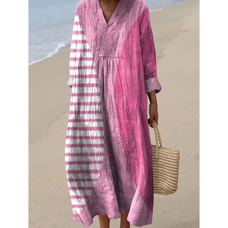 Women's Midi Dress V Neck Long Sleeve Kaftan Lightweight Loose Fit A Line Dress Casual Boho Party Loose Fit Graphic Geometric Long Sleeve V Neck Yellow Pink Blue Orange Fall