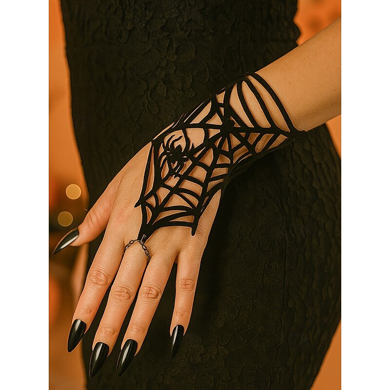 Women's Halloween Spider Web Hand Bracelet – Black Polyester Gothic Wrist Chain with Spider Design for Costume Parties & Cosplay