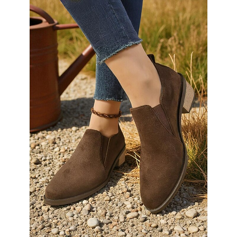 Women's Brown Faux Suede Slip-On Low Heel Shoes – Comfortable Casual Style for Outdoor Walks, Farm Visits and Everyday Wear2