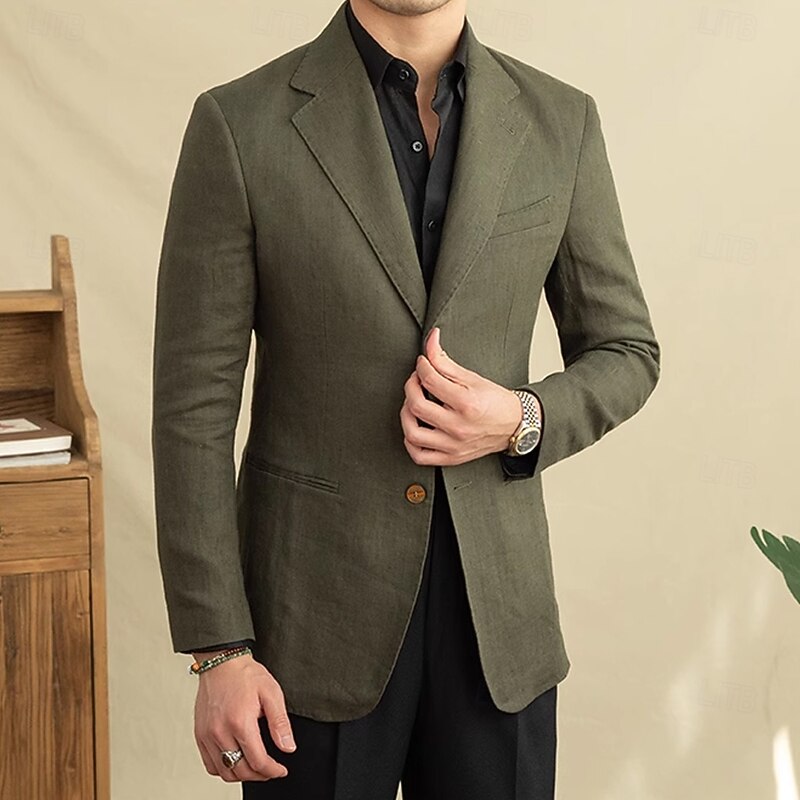 Men 100% Linen Blazer Blazer Jacket Linen Blazer Formal Wedding Christmas Elegant Vintage Summer Spring 100% Linen Solid Color Pocket Single Breasted Two-button Blazer Black White Orange Army Green3