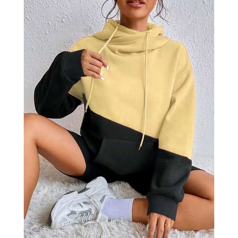 Women's Pullover Hoodie Sweatshirt Color Block Streetwear Casual Long Sleeve Hooded Regular Tops Street Going out Patchwork Pink Green Beige Fall Winter