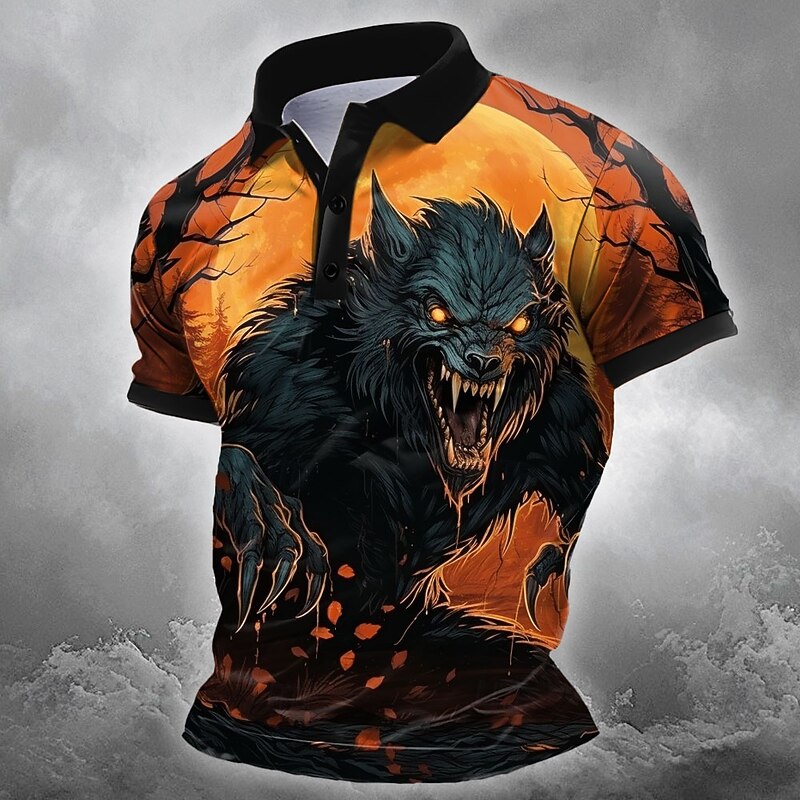Halloween Men's Animal Polo Short Sleeve Polo Shirts Collared Shirts Casual Horror Dark Athleisure Festival Outfit 3D Print Buttons Summer Black Orange