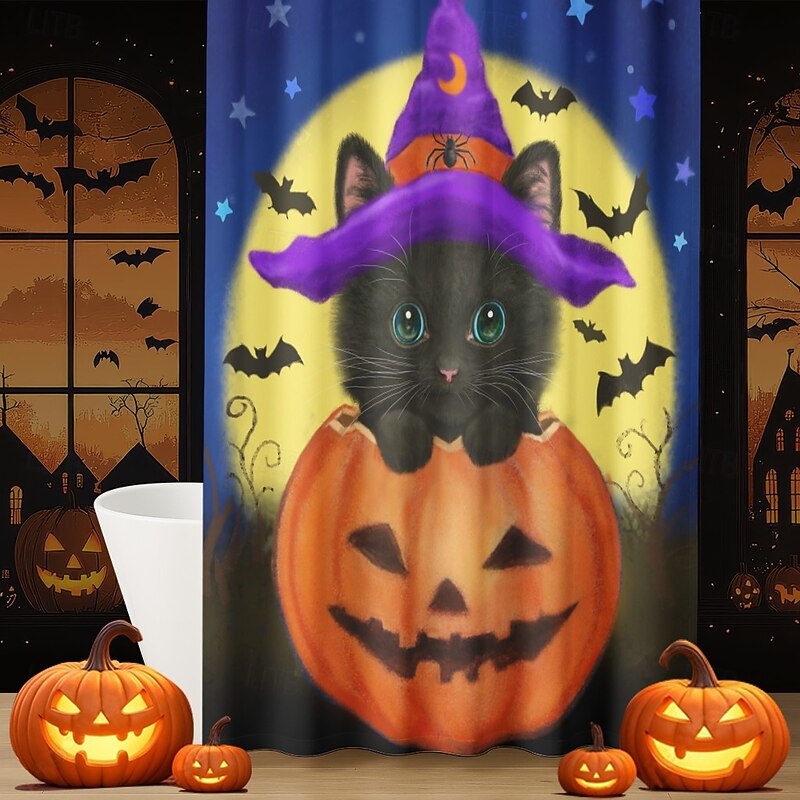 Halloween Cat by Kayomi Harai Halloween ShowerCurtain with Hooks Polyester Washable Waterproof Pattern Bathroom Bathtub Decor4
