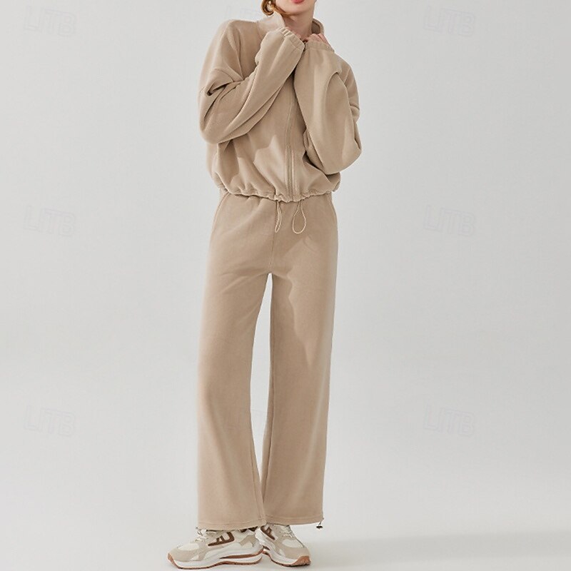 Women's Sport Suit Fleece Sweatsuit Fall Pocket Full Zip Solid Color Clothing Suit Black Khaki Outdoor Running Yoga High Waist Windproof Lightweight Warm Long Sleeve Sport Activewear Loose Fit4