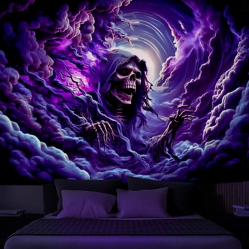 Halloween Blacklight Wall Tapestry – UV Reactive Grim Reaper with Glowing Purple Aura, Neon Colors Spooky Cemetery Scene, Glow in the Dark Gothic Backdrop for 2025 Halloween Party Decoration