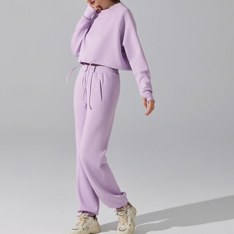 Women's Lounge Sweatsuit Pullover Sweatsuit Fall Drawstring Solid Color Clothing Suit Black Blue Outdoor Running Yoga High Waist Lightweight Softness Warm Long Sleeve Sport Activewear Loose Fit3