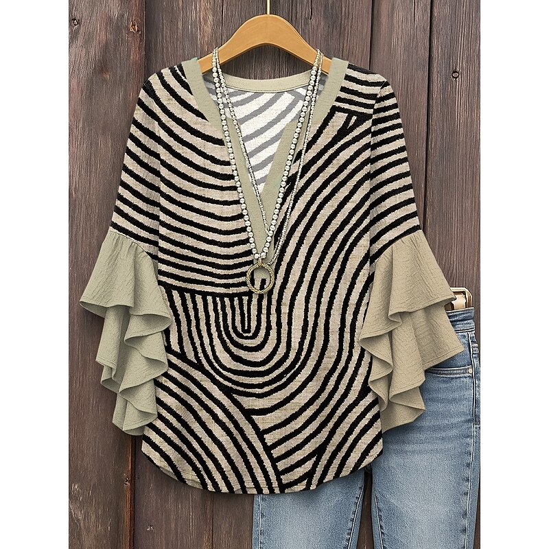 Women's Blouse V Neck Graphic Geometric Striped Elegant Bohemia Ethnic 3/4 Length Sleeve Regular Tops Daily Holiday Vacation Wear Ruffle Print Yellow Red Light Brown Blue Summer Spring Fall2