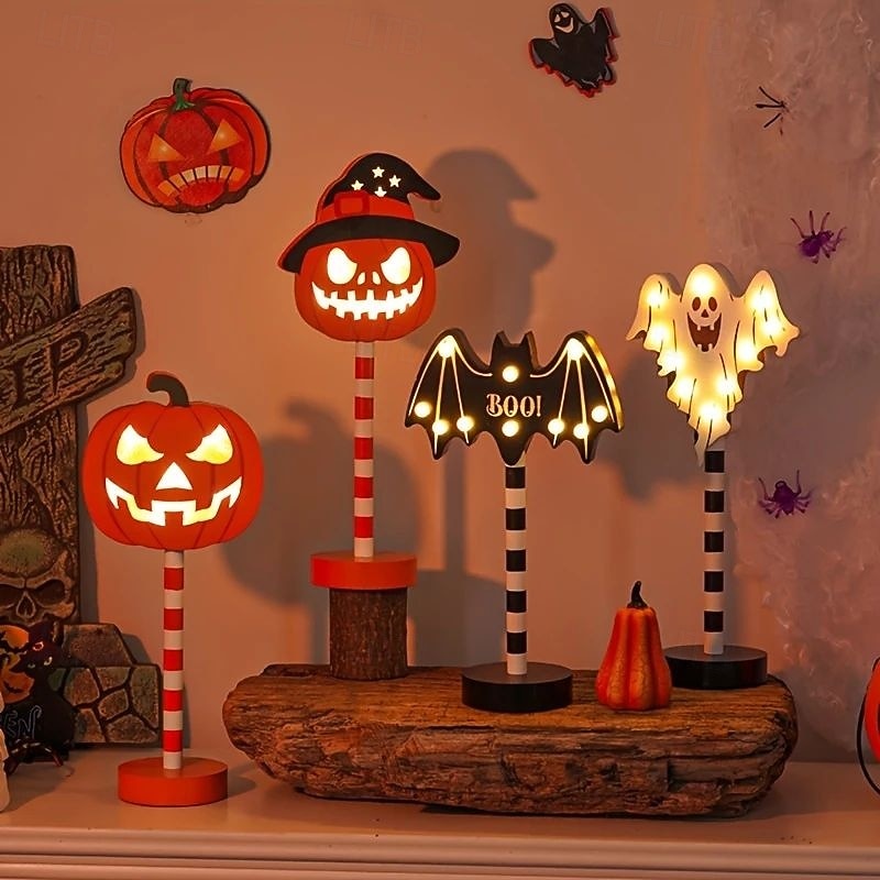 Halloween Night Light Wooden Halloween Pumpkin Lamp Battery Powered Ghost Lamp Bat Lamp Skull Lamp Home Indoor Bedroom Decorative Lamp