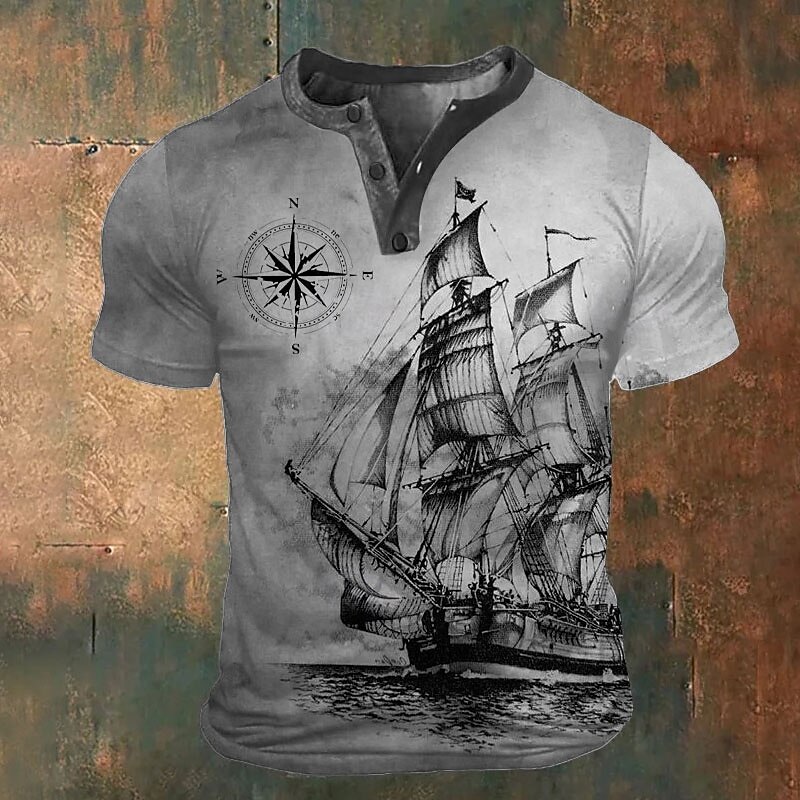 Men's Graphic Ship T shirt Henley Shirt Short Sleeve 3D Print Fashion Retro Vintage Classic Sports Outdoor Holiday Going out Spring & Summer Blue Brown Army Green Gray Henley Henley T-Shirt4