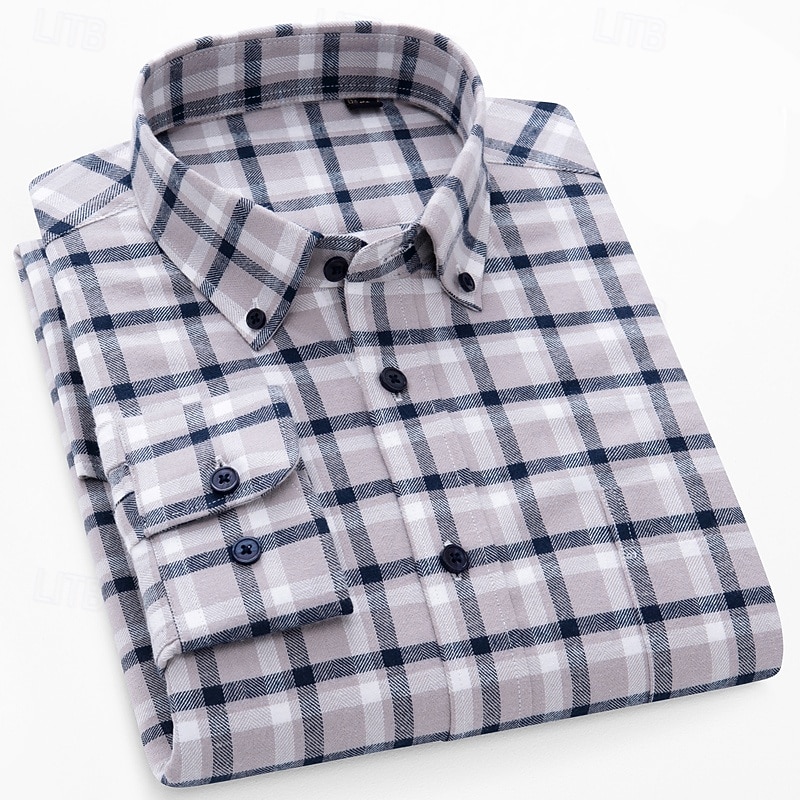 Men's Shirt Dress Shirt Button Down Shirt Plaid Shirt Plaid / Striped / Chevron / Round Daily Wear Corporate Clothing White+khaki Dark Navy Royal Blue Brown Long Sleeve Shirt Collar All Seasons4