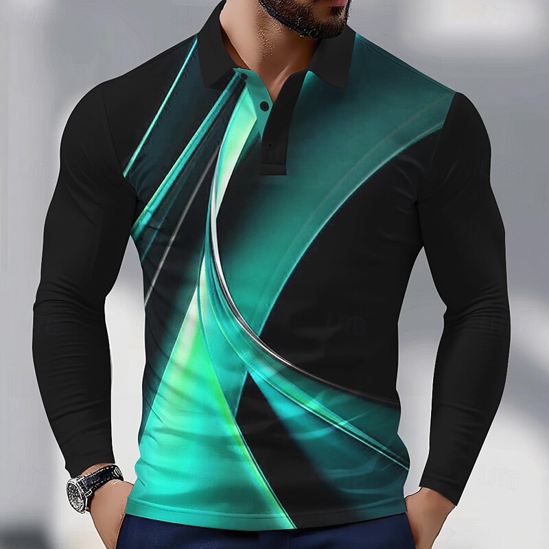 Men's Geometric Line Polo Long Sleeve Polo Shirts Collared Shirts Business Casual Athleisure Daily Wear 3D Print Spring Fall White Blue Green2