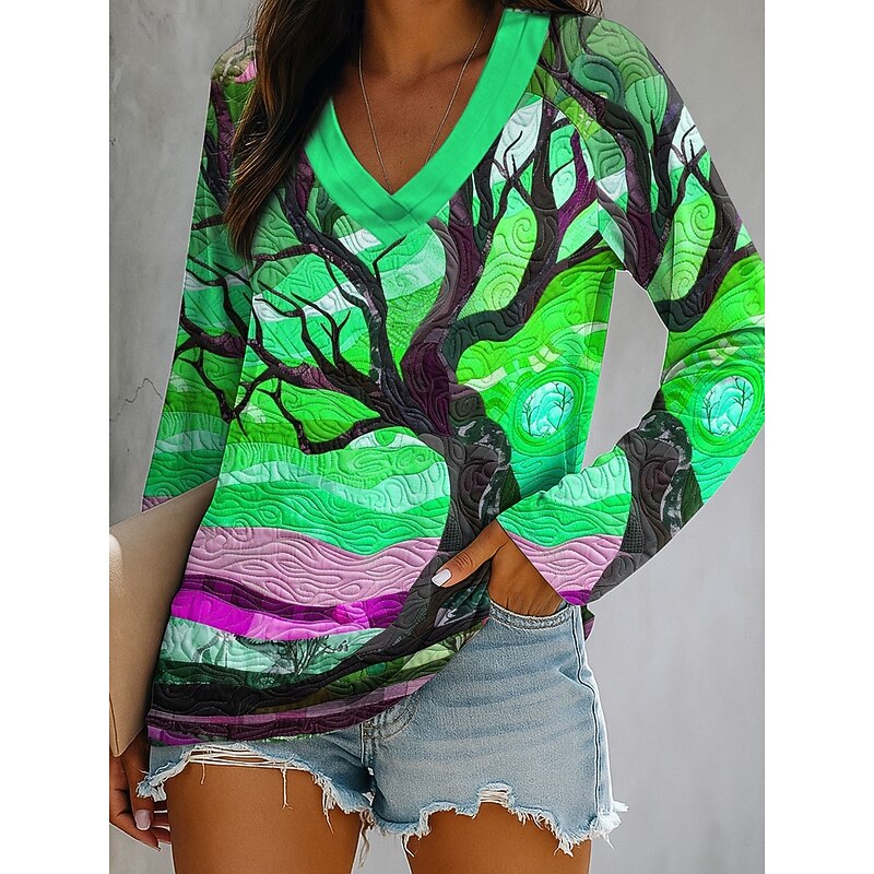 Women's T Shirt V Neck Long Sleeve Graphic Casual Ombre Plants Elegant Regular Tops Daily Going out Weekend Print Blue Orange Green Summer Spring Fall3