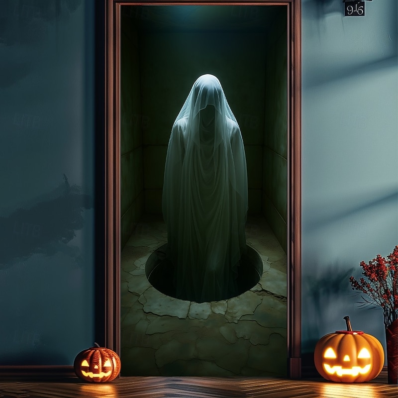 Halloween Door Cover – Creepy Ghost Girl Behind Glass Door, Haunted House Entrance Banner, Horror Outdoor 2025 Halloween Decoration for Bedroom, Living Room, Bathroom3