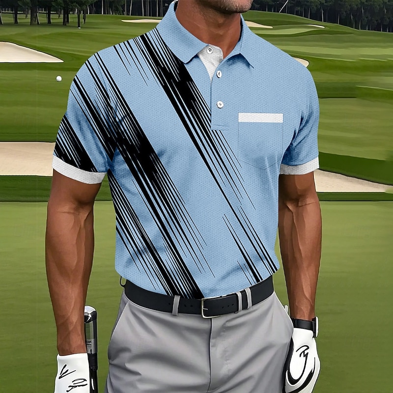 Men's Geometic Line Polo Short Sleeve Polo Shirts Collared Shirts Business Casual Outdoor Athleisure Daily Wear Pocket 3D Print Buttons Summer White Pink Blue2