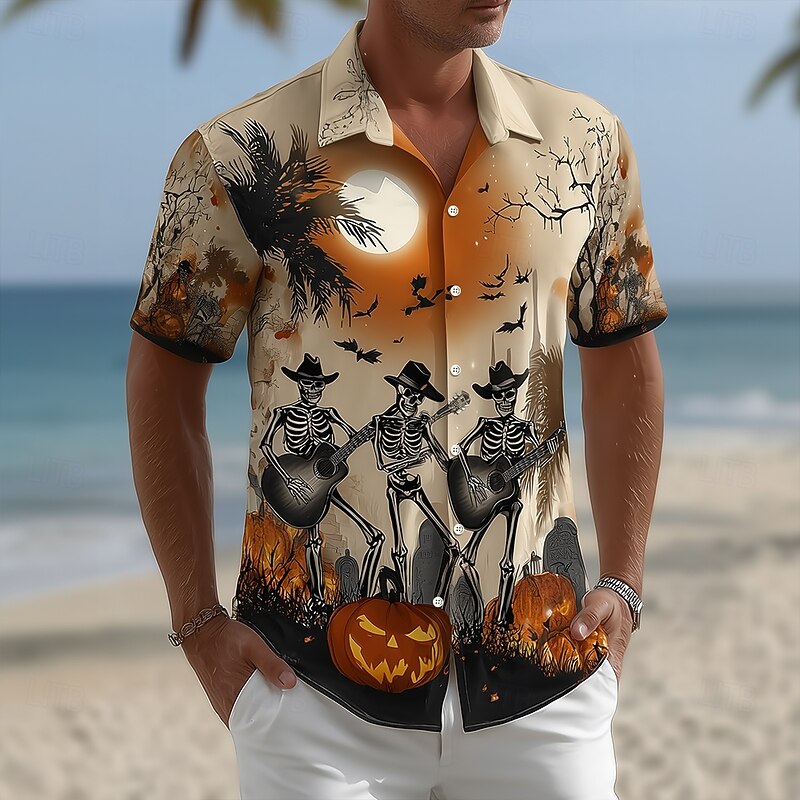 Halloween Men's Pumpkin Halloween Costumes Skulls Shirt Summer Shirt Button Up Shirt Short Sleeve Dark Punk Gothic Style Holiday Streetwear Summer Spring Turndown 3D Print Collared Shirts Apricot