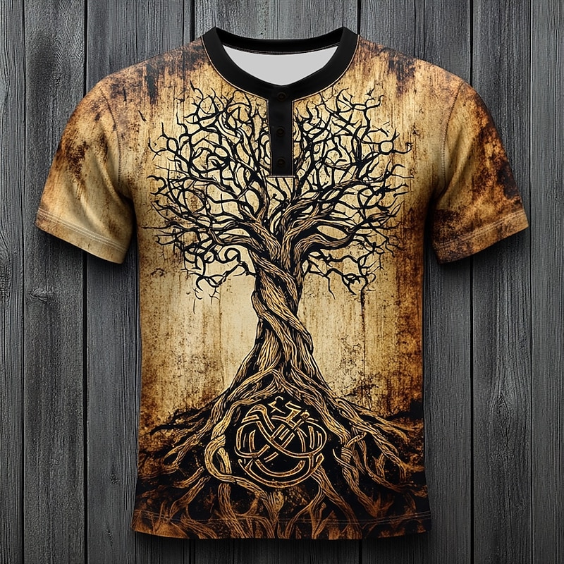 Men's Tree Pattern T Shirt Henley Shirt Short Sleeve Vintage Designer Retro Vintage Street Casual Daily Summer Spring All Seasons Blue Dark Green Purple Orange khaki Henley Henley T-Shirt