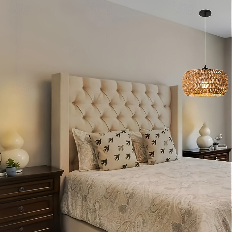 Country Vintage Woven Rattan Pendant Light, Braided Rope Material, 17cm Height, Warm White/White Light, E26 E27, Adjustable Chain3