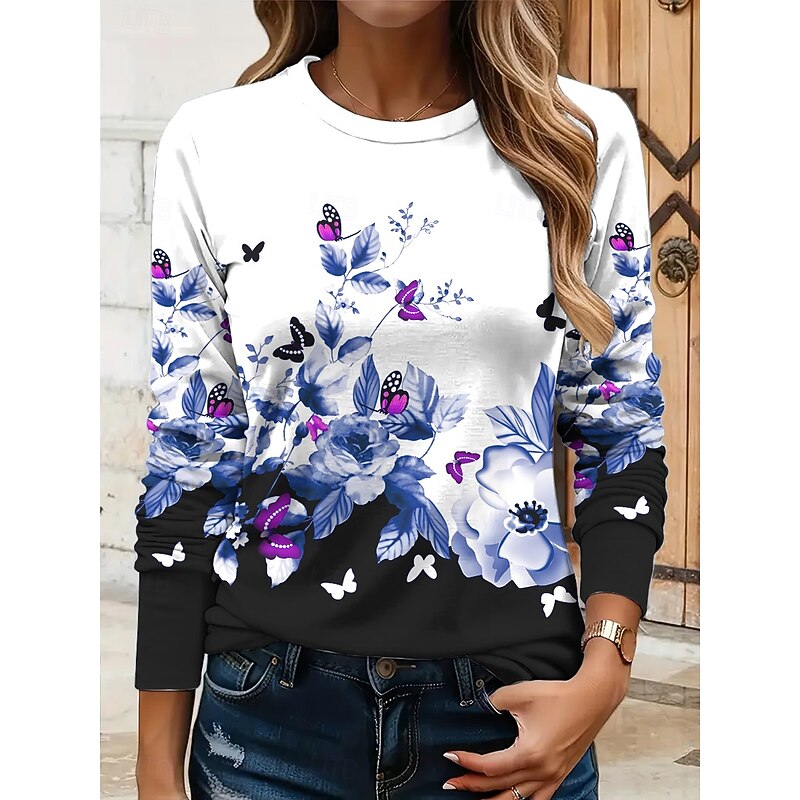 Women's T shirt Crew Neck Long Sleeve Tunic Floral Graphic Butterfly Vintage Stylish Classic  Round Neck Regular Tops Daily Print Yellow Red Blue Purple Green Fall4