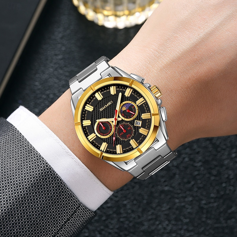 SKMEI Men Quartz Watch Fashion Business Wristwatch Moon phase Luminous Stopwatch Calendar Steel Watch3