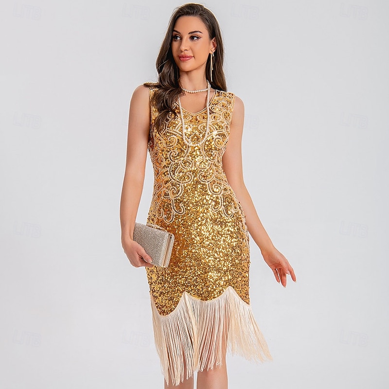 Retro Vintage Roaring 20s 1920s Above Knee Flapper Dress Cocktail Dress The Great Gatsby Flapper Girl Sequins Fringe V Neck Fancy Dress Women's Christmas Halloween Carnival Wedding Evening Party4