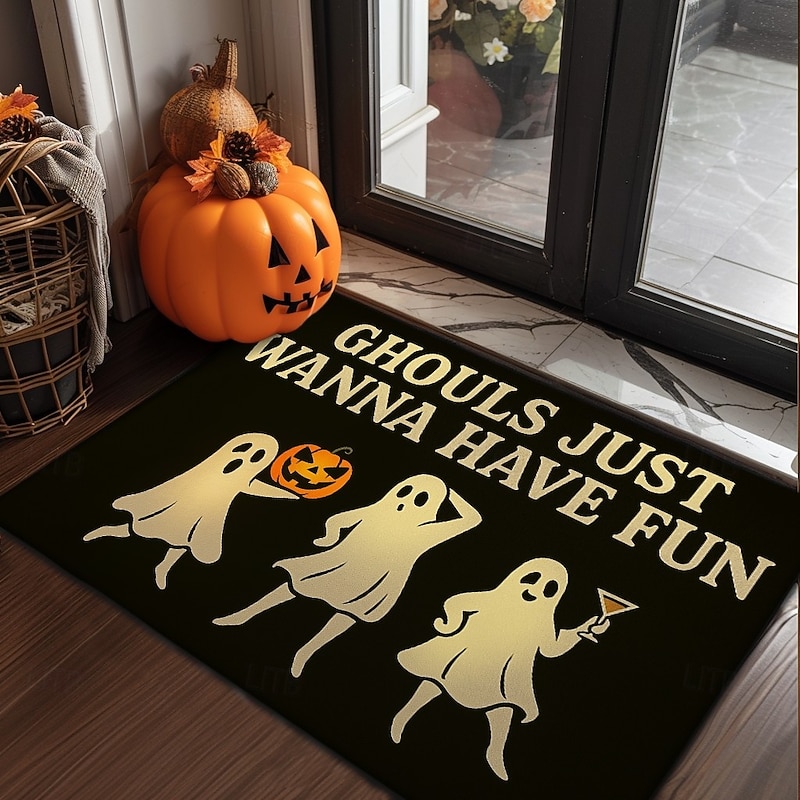 Halloween Indoor Outdoor Doormat Kitchen Mat "Ghouls Just Wanna Have Fun" Funny Ghosts Design, Non-Slip Front Door Mat for Porch, Entryway, Patio, Bedroom, Bathroom and 2025 Halloween Home Decoration2