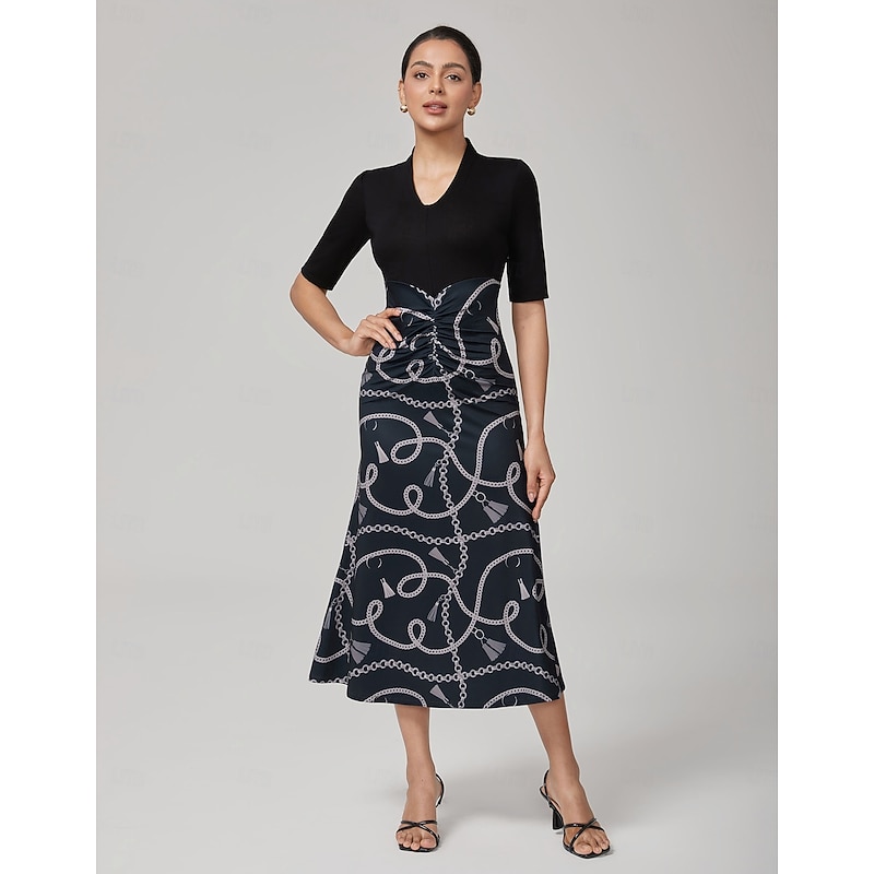 Lyocell Chain Print Colorblock Fishtail Dress2