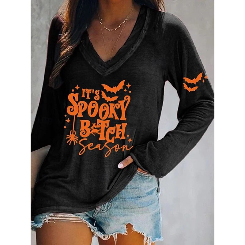 Halloween Women's T shirt Long Sleeve V Neck Long Sleeve Graphic Casual Vintage Regular Tops Daily Print Black Pink Orange Green Gray Spring Fall Prefall2