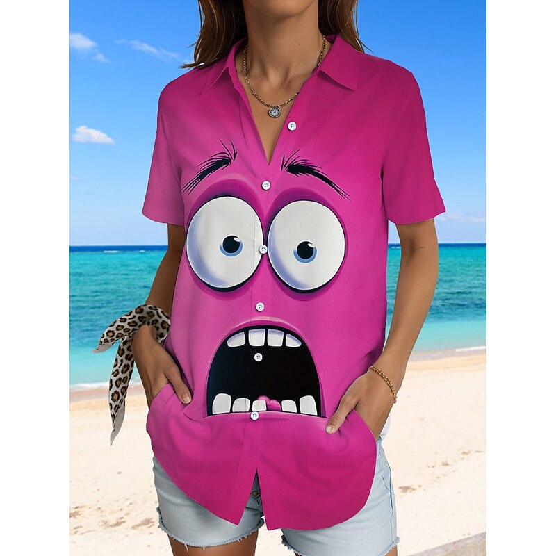 Women's Shirt Long Sleeve Button Down Blouse Graphic 3D Vintage Tropical Daily Short Sleeve Shirt Collar Regular Tops Daily Black Blue Green Rose Pink Summer Spring4