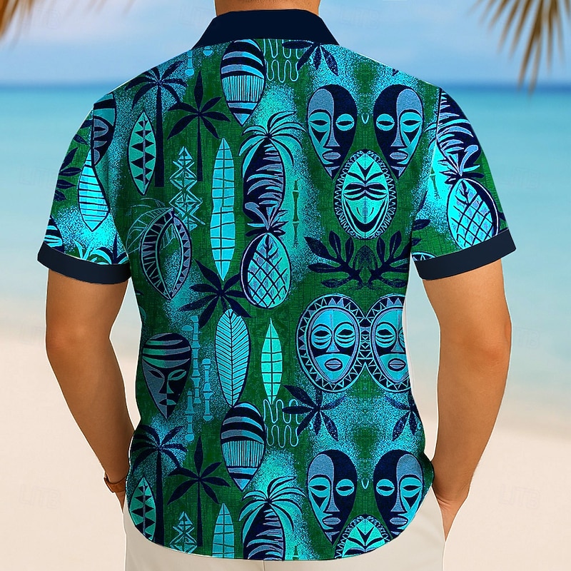 Men's Tribal Mask Ethic / African Shirt Summer Shirt Button Up Shirt Short Sleeve Vintage Retro Outdoor Vacation Dailywear Summer Spring Turndown 3D Print Collared Shirts Front One Pocket Blue Green2