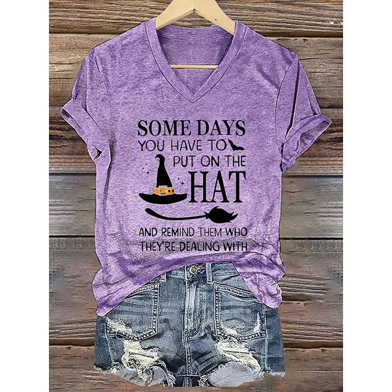 Halloween Women's T shirt Witch Graphic Letter Vintage Stylish Classic Short Sleeve V Neck Regular Tops Daily Print White Purple Orange Green Spring Fall2