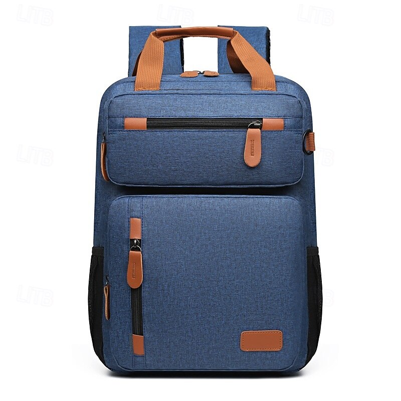 Men's Blue Laptop Backpack with USB Port – Multi-Compartment Travel and School Bag with Leather Accents and Water Bottle Pocket3