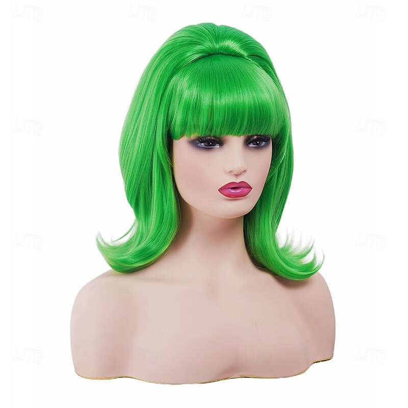 Short Wavy Green Wig with Bang Big Bouffant Beehive Wigs for Women fits 80s Costume or Halloween Party4