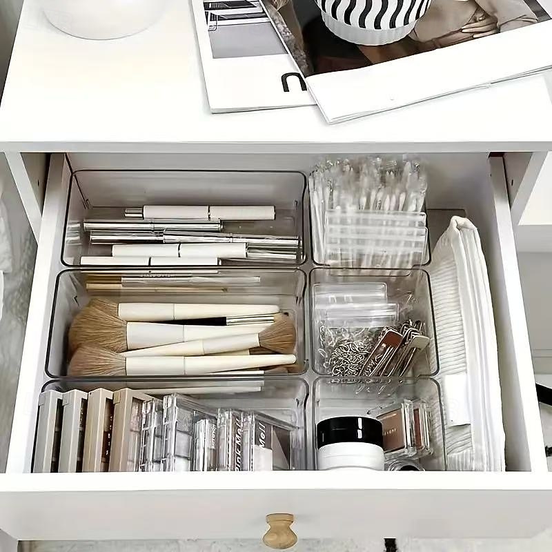7pcs Clear Plastic Drawer Organizer Set, Stackable Makeup Storage Bins for Cosmetics, Office Supplies, and Desk Organization, Durable Vanity Drawer Dividers, No Assembly Required3