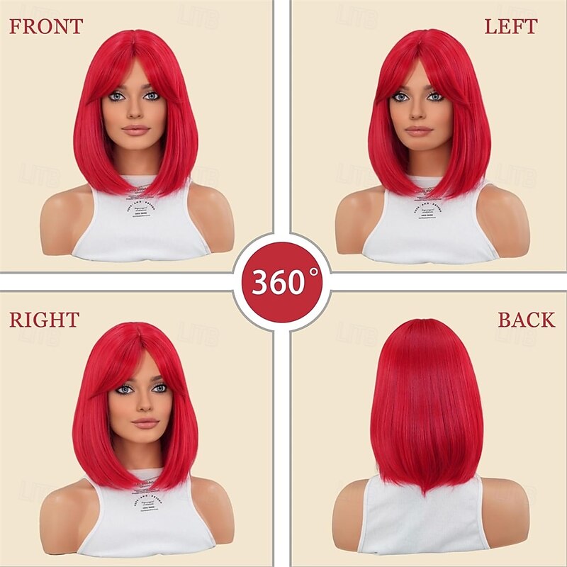 Red Bob Short Straight Wig with Curtain Bang 14 Inch Synthetic Heat Resistant Wig for Women Halloween Cosplay Party Wig for Daily used3