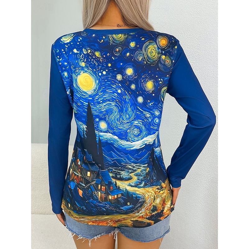 Women's T shirt Crew Neck Long Sleeve Tunic Graphic Abstract Vintage Stylish Classic  Round Neck Regular Tops Daily Print Blue Fall2