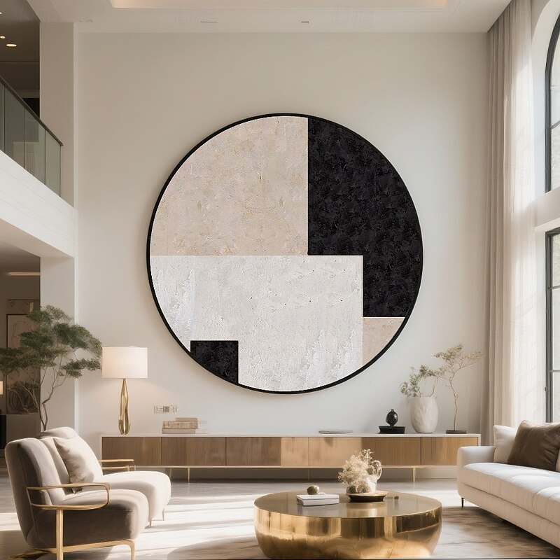 Handmade Circular Abstract Oil Painting Geometric Division Textured Surface Modern Art Black White Beige Sand Taupe Palette Gallery Canvas Contrast Balance Ready To Hang Artisan Statement2