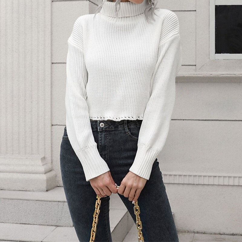 Women's Pullover Casual Solid Color Chunky Turtleneck Knitted Long Sleeve Crop Tops Knit Daily Holiday Going out Black White Fall Winter2