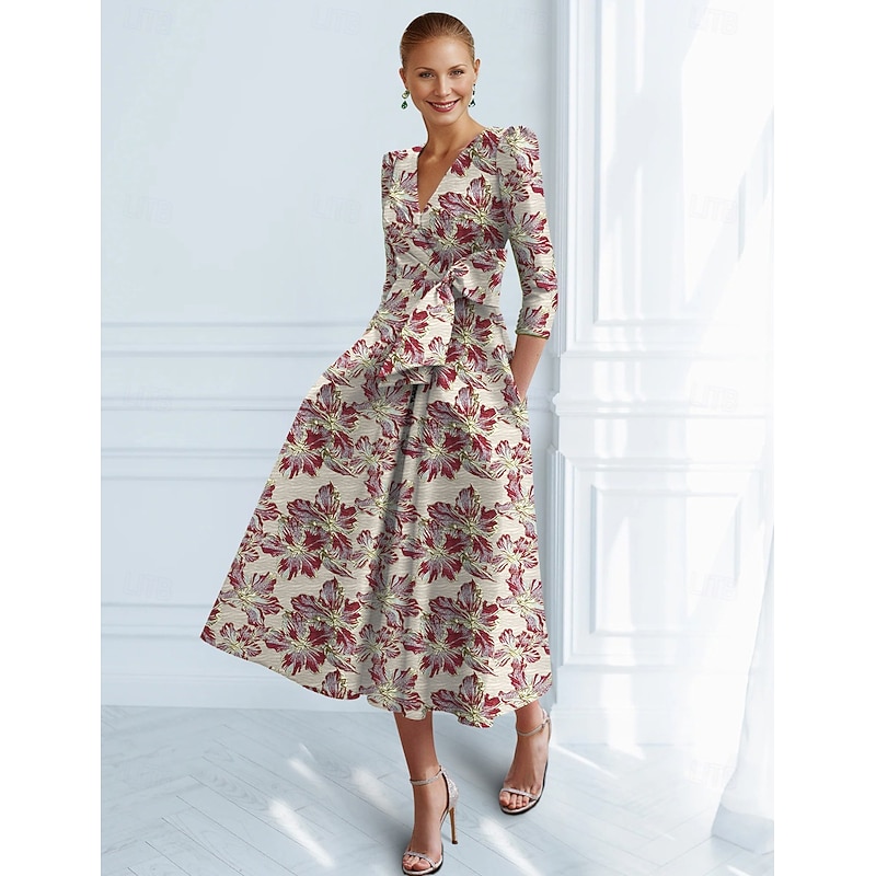 Jacquard Brocade Floral A-Line Cocktail Dresses Elegant Dress Formal Wedding Ankle Length Short Sleeve V Neck Nylon with Bow(s) Pocket Wedding Guest Dress3