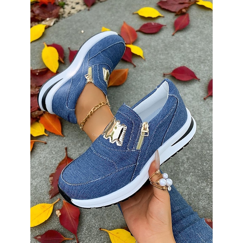 Women's Denim Slip-On Sneakers with Gold Detail – Lightweight Casual Walking Shoes with Side Zipper for Shopping, Urban Commutes and Weekend Getaways3