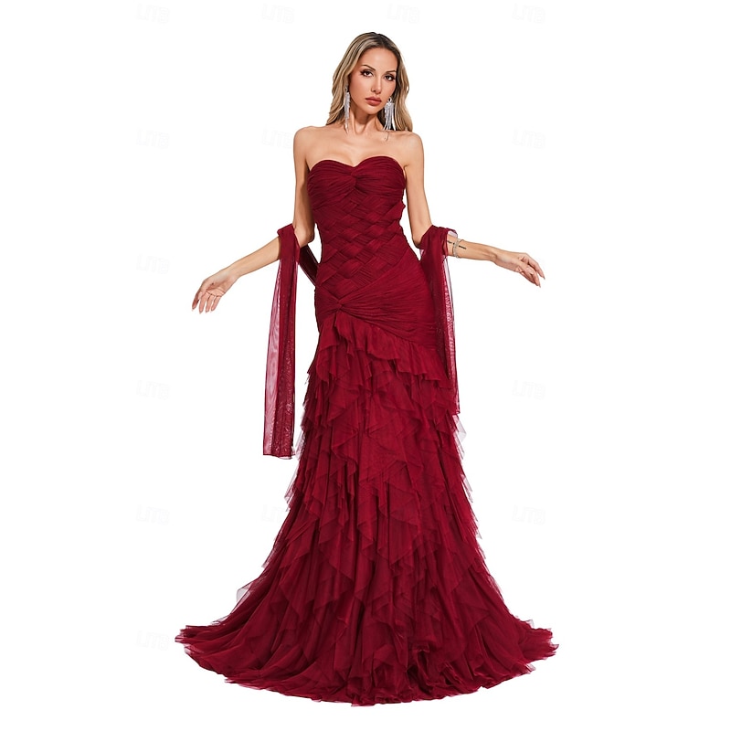 Mermaid / Trumpet Evening Gown Elegant Dress Formal Prom Court Train Sleeveless Sweetheart Tulle with Pleats Shawl2
