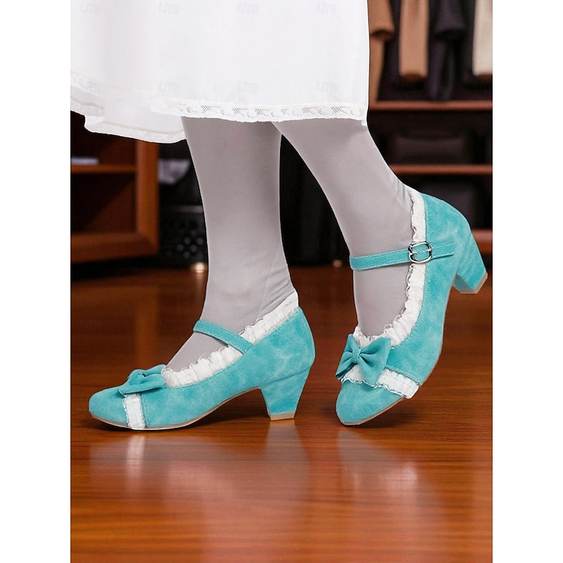 Women's 1950s Vintage Mary Jane Heels - Blue Suede Lolita Dress Shoes with Bows and Lace Trim for Tea Parties, Cosplay, or Retro Fashion