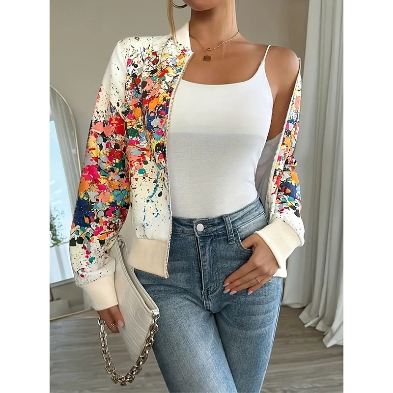 Women's Casual Jacket Comfortable Breathable Print Active Vintage Fashion Daily Abstract Casual Short Stand Collar Regular Fit Long Sleeve Outerwear Black White Pink Fall Winter2