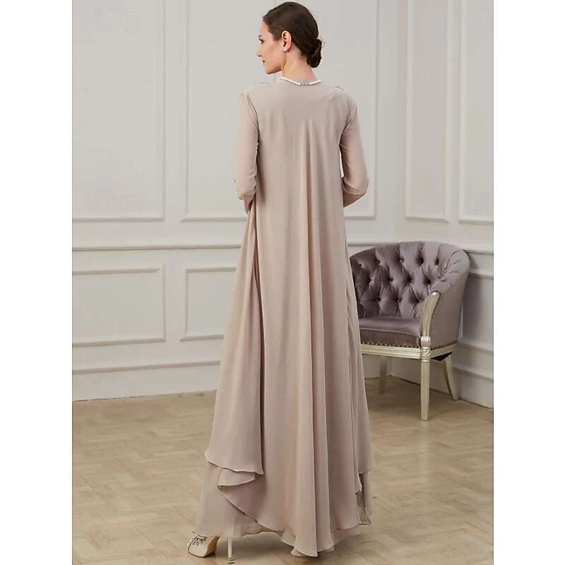 Two Piece Mother of the Bride Dress Formal Wedding Guest Floor Length Long Sleeve V Neck Chiffon with Ruffles Appliques2