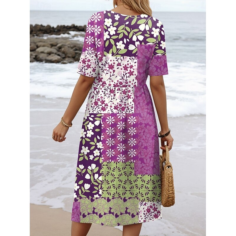 Women's Midi Dress Casual Dress A Line Dress Summer Dress Vacation Casual Holiday Regular Fit Floral Graphic Geometric Half Sleeve Crew Neck Black Yellow Blue Purple Summer Spring2