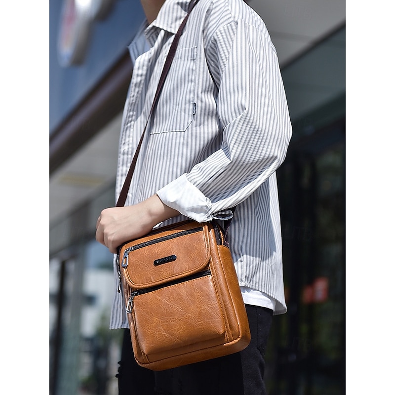 Men's Waterproof Faux Leather Crossbody Bag with Multi-Pocket Design – Casual Travel Shoulder Messenger Bag for Daily Commute, Work or Weekend Outings3