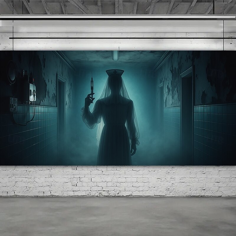 Halloween Garage Door Cover Banner Backdrop – Shadow Figure in Fog, Oversized Garage Door Decoration, Easy to Hang with Adhesive Hooks or Rope, Outdoor Decoration for 2025 Halloween4