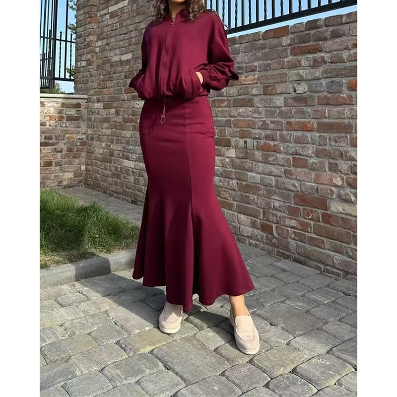 Women's Dress Set Summer Dress Midi Dress Casual Plain Zipper Maxi Dress Long Sleeve V Neck Outdoor Date Black Wine Coffee Summer Loose Fit2