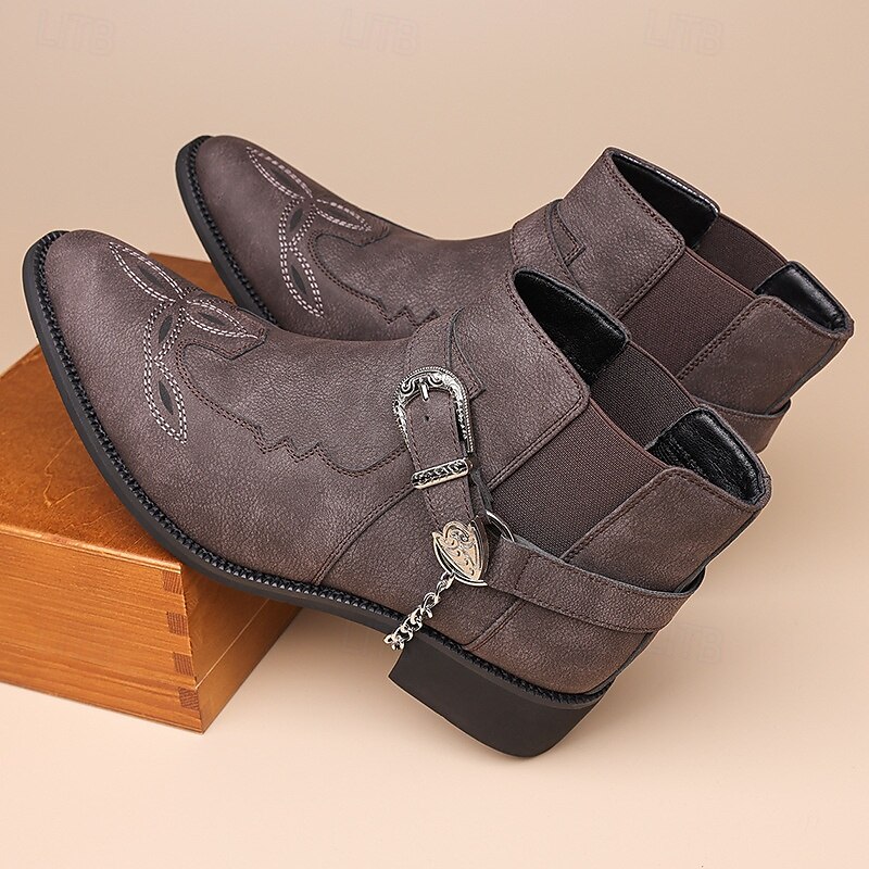 Men's Gray Faux Leather Western Ankle Boots – Buckled Strap and Metal Chain Design for Country Concerts, Nightlife Parties and Statement Streetwear2